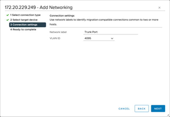 Set the Network label and VLAN ID for the port group. Click Next