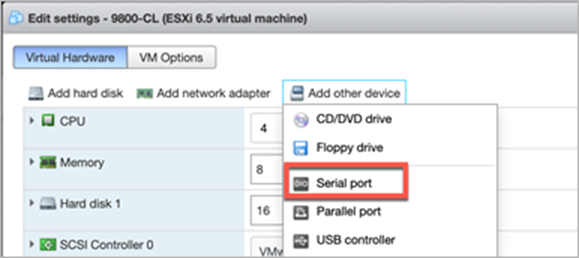 In the Edit settings window for 9800-CL, click Add other device. Select Serial port