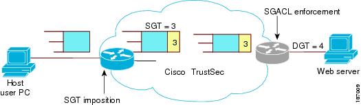 This figure shows SGT and SGACL in a Cisco TrustSec Domain.