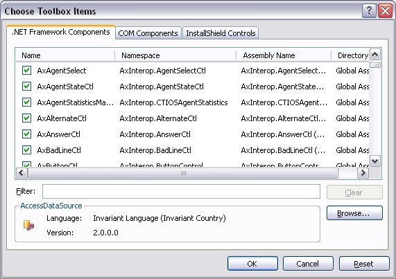 Customize toolbox in Visual Basic .Net listing CTI OS ActiveX Controls Runtime callable wrappers