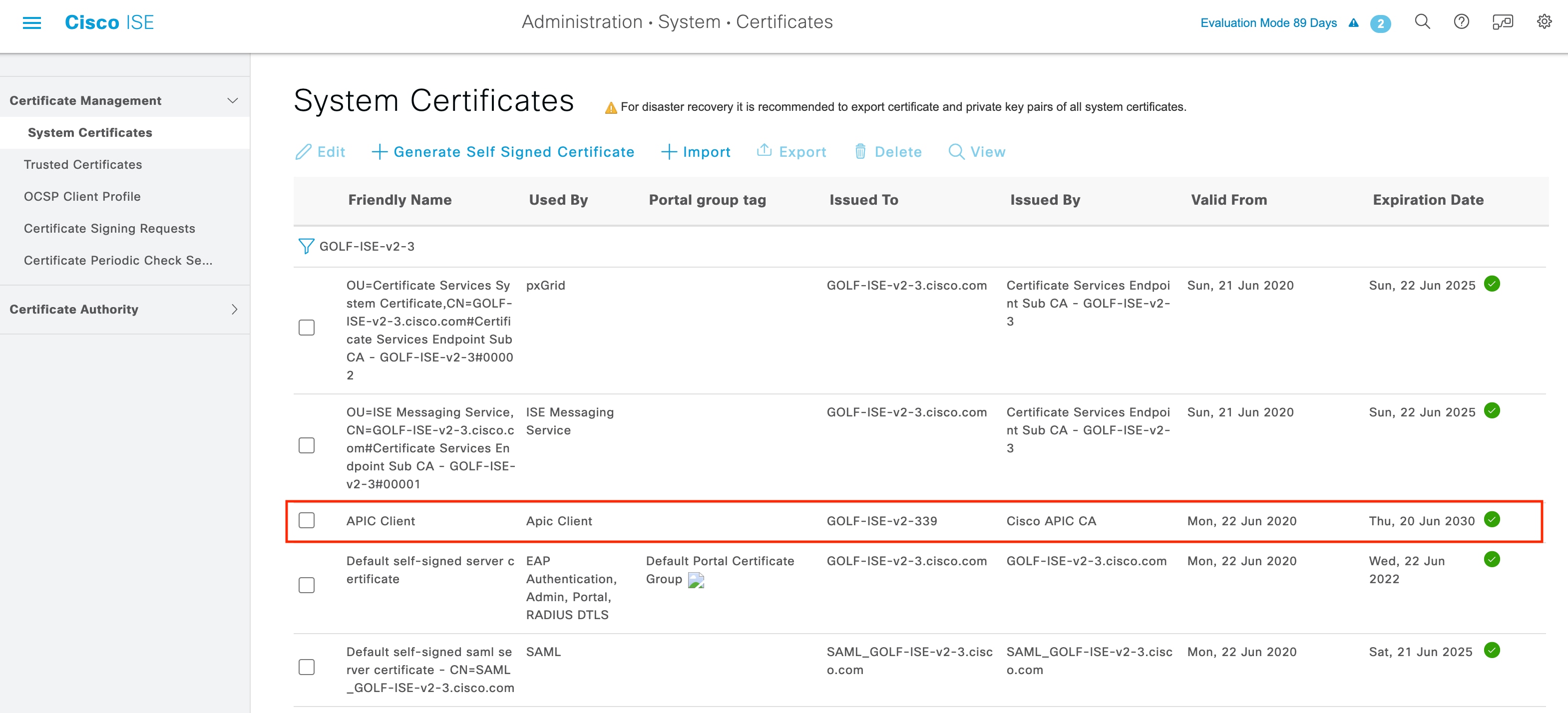 [システム証明書（System Certificates）] ウィンドウでの証明書の確認