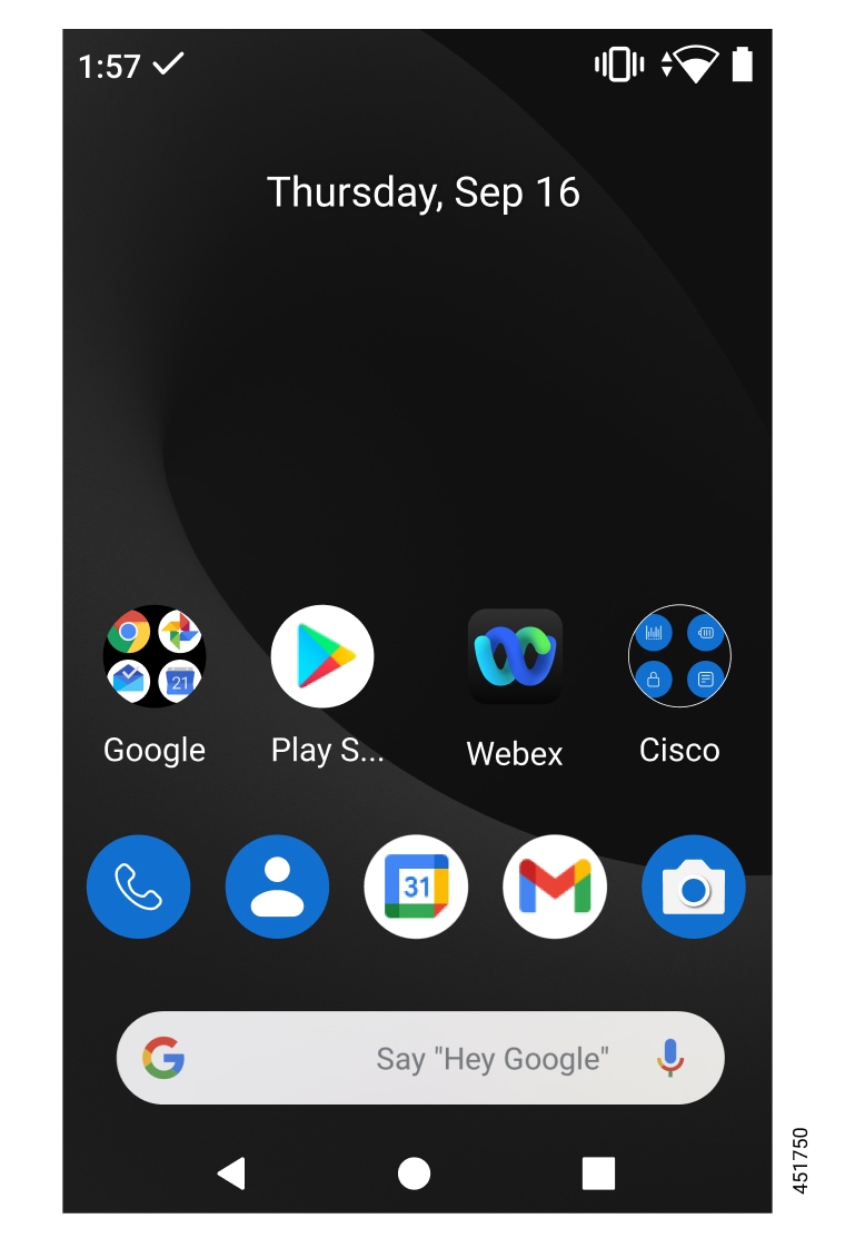 Dark background on the home screen of the phone with: narrow bar of status icons on the top. In the middle of the screen, is the date and the following apps and collections. Google, Play Store, Webex, Cisco Apps, Cisco Phone app, Contacts, Gmail, Calendar, Camera, and Google search bar. At the bottom of the screen, are the Back, Home, and Recents navigation icons.