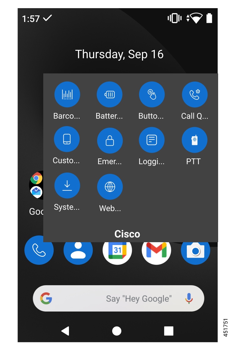 The launcher screen of 860 phone with the Cisco Apps collection open and showing 10 apps. The Cisco Phone App is on the home screen under the open collection.