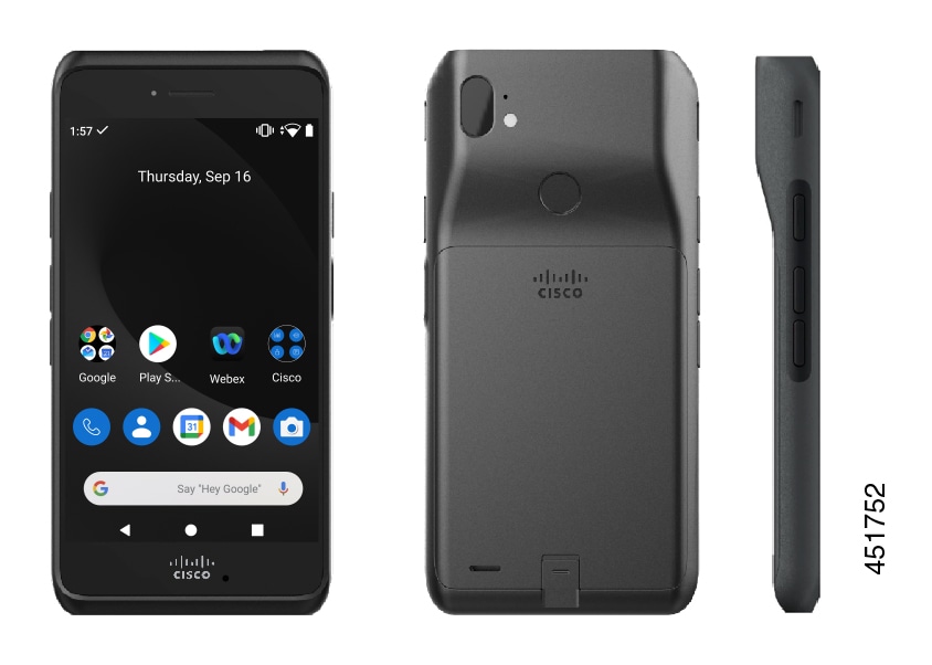 Three images of the 860 phone. Front with the home screen showing, rear of the 860S with barcode and fingerprint scanners, and side view of 860S with a barcode scanner at top.