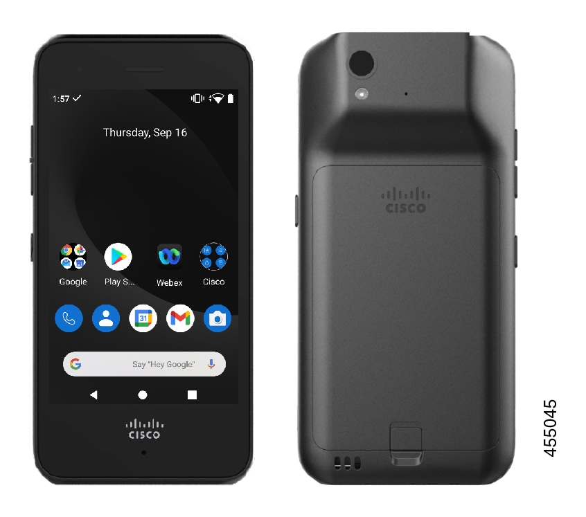 Two images of the 840 phone. Front with the home screen showing, and rear of the 840S with the barcode scanner showing.