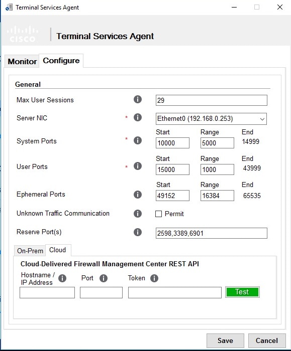 On the TS Agent's Cloud tab page, set general options and also the connection information to CDO. The CDO connection information includes the CDO host, port, and authentication token