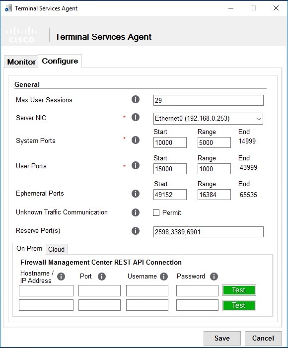 The TS Agent's On-Prem tab page enables you to set general configuration options and Secure Firewall Manager connection information. Secure Firewall connection information includes the manager or cluster's IP address, port, user name, and password