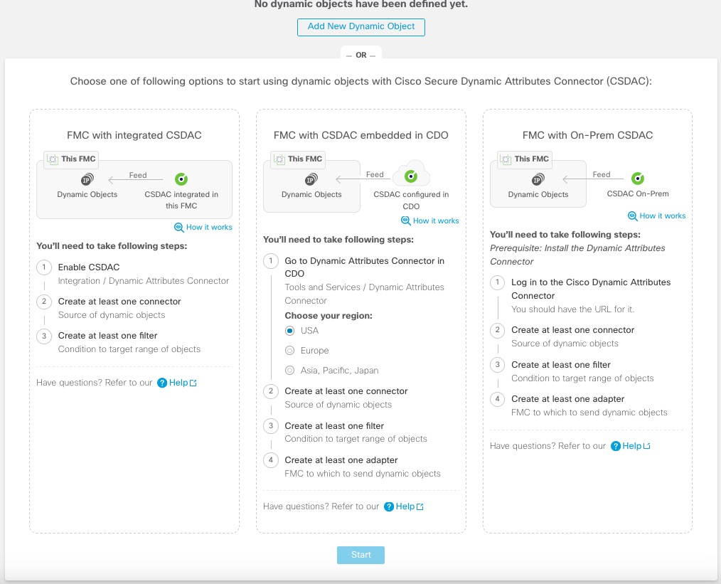 Before you create any dynamic objects, an informational page is dsiplayed that explains the entire process. You can create dynamic objects using the dynamic attributes connector included in the secure firewall manager; you can create dynamic objects using an on-prem secure firewall manager; or you can create dynamic objects using an on-prem secure firewall manager and an on-prem dynamic attributes connector. Click one of the rectangles, then either click How it Works or Start to get started.