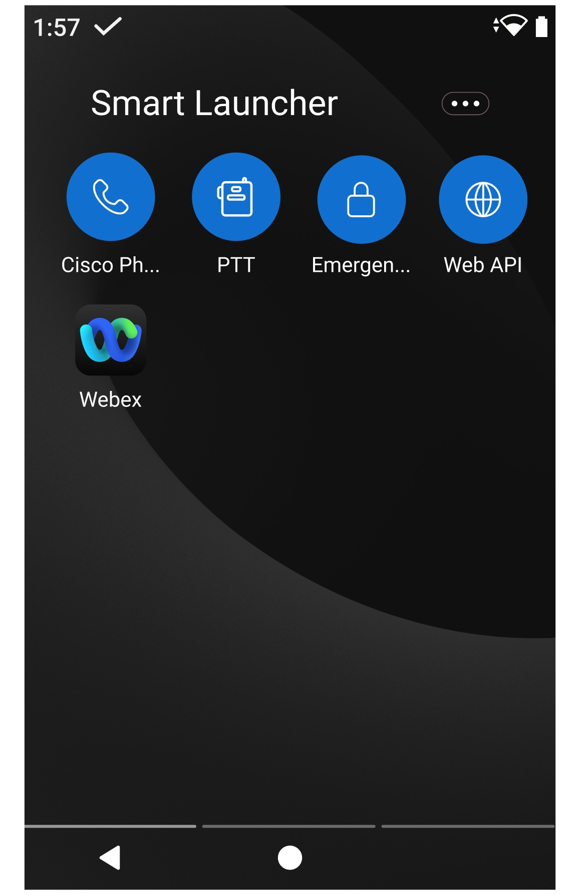 Dark background on the home screen of the phone with: narrow bar of status icons on the top. In the middle of the screen, is the label Smart Launcher, followed by an overflow menu and icons for five apps: Cisco Phone, PTT, Emergency, Web API, and Webex. At the bottom of the screen, are the Back and Home navigation icons.