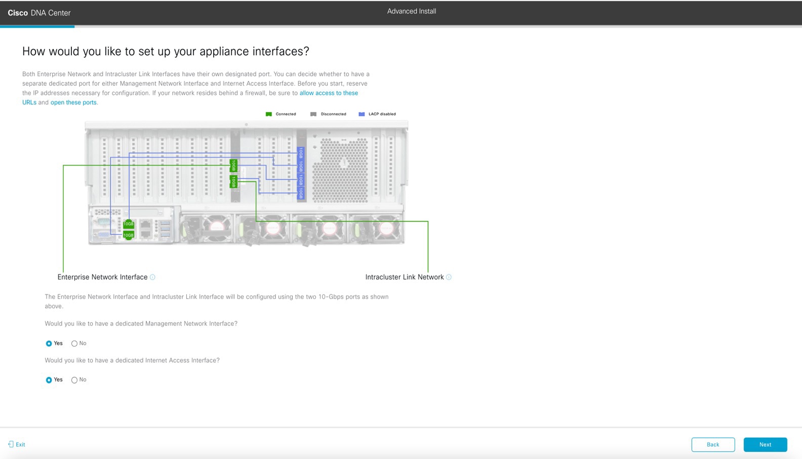 [How would you like to set up your appliance interfaces?] 画面には、専用の管理およびインターネット アクセス インターフェイスを設定するかどうかを選択する手順が表示されます。