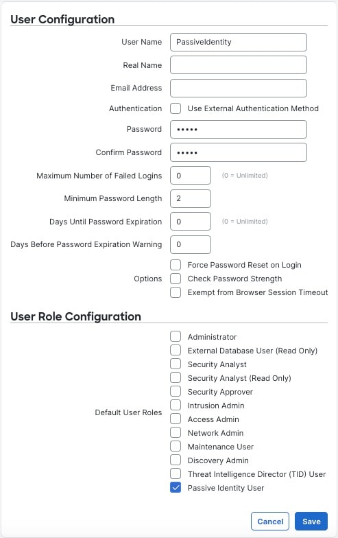 The passive identity agent user must be assigned the Passive Identity User role and no other role.