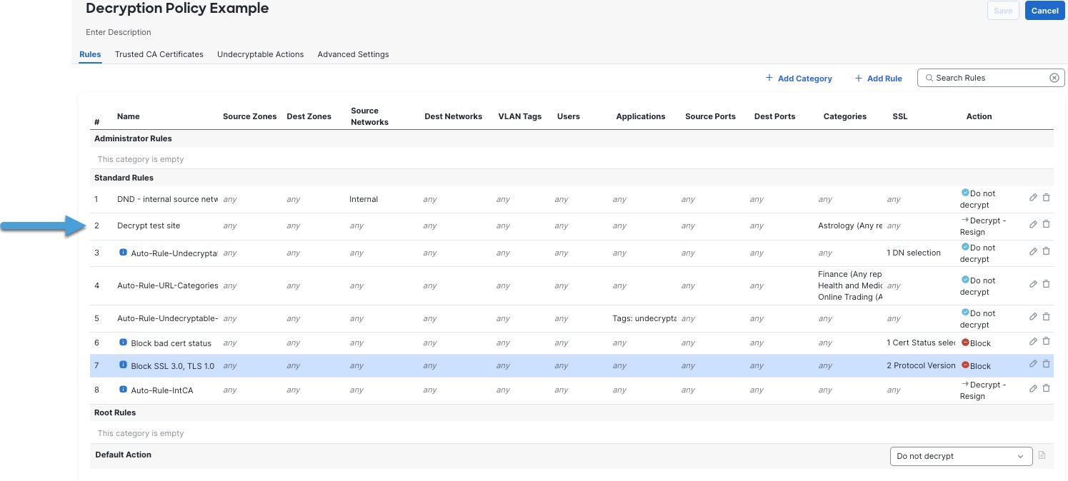 This sample rule decrypts and monitors traffic so you can decide whether or not to allow it on your network.