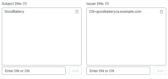 This sample rule condition adds the GoodBakery Distinguished Name to the Subject DNs list and its corresponding Common Name to the Issue DNs list. This has the effect of matching traffic on either the subject or the issuer, although it's more common to match on the subject only.