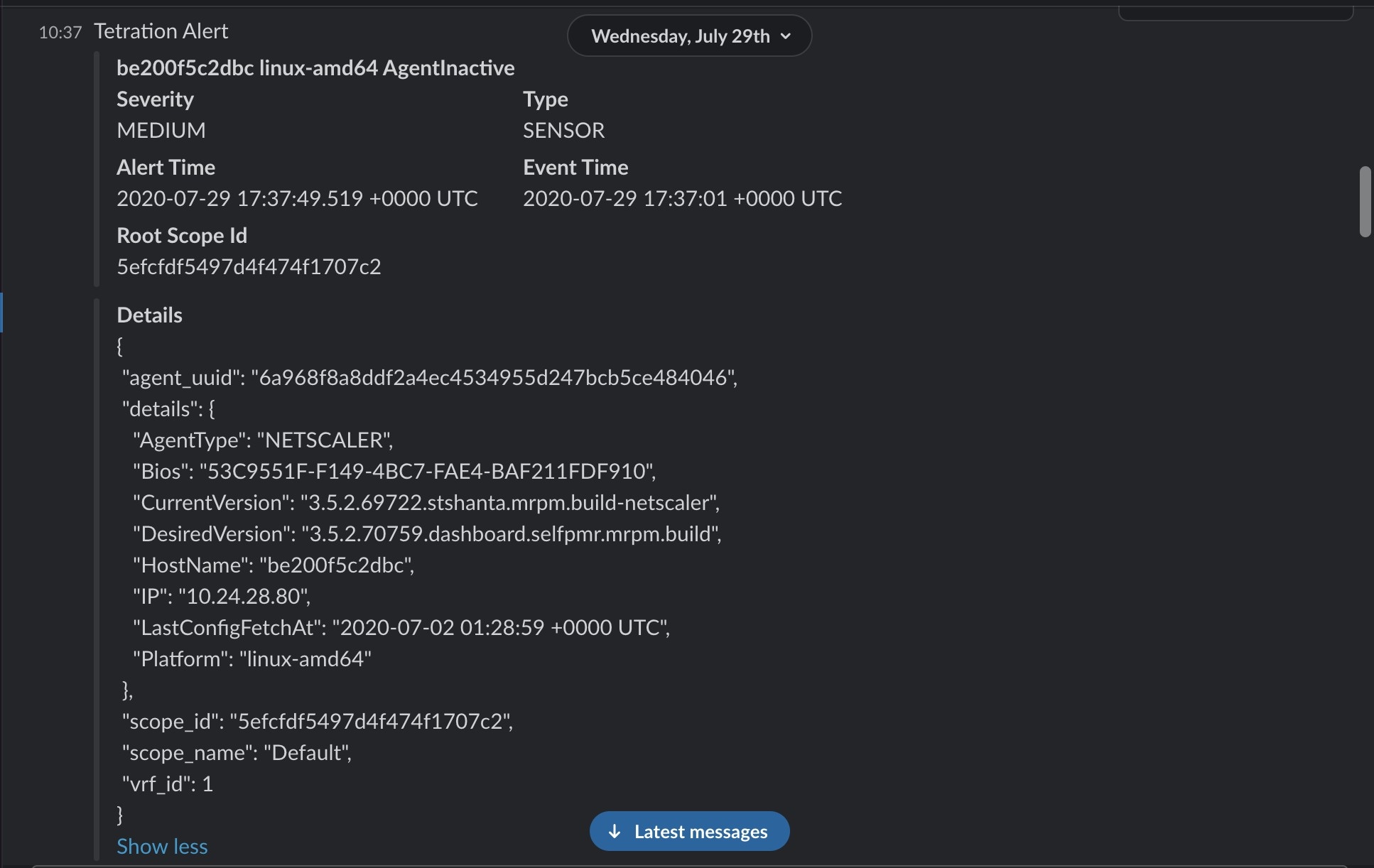 Exemple d’alerte Cisco Secure Workload envoyée au canal Slack