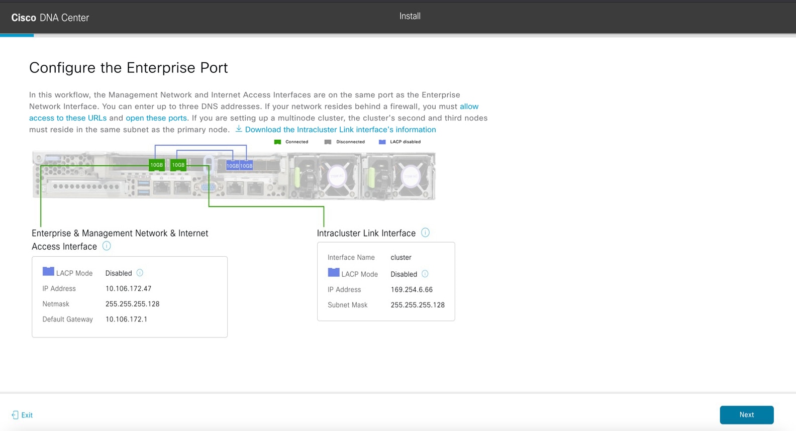 [Configure the Enterprise Port] 画面には、エンタープライズポートでのエンタープライズ、管理、およびインターネット アクセス インターフェイスの設定手順が表示されます。