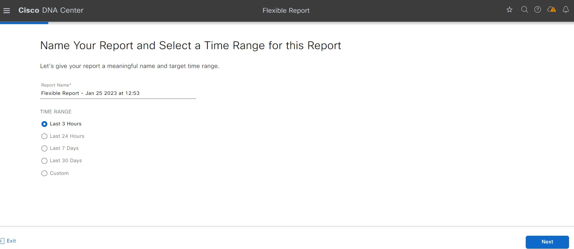 Window displays the Name Your Report and Select a Time Range for this Report page