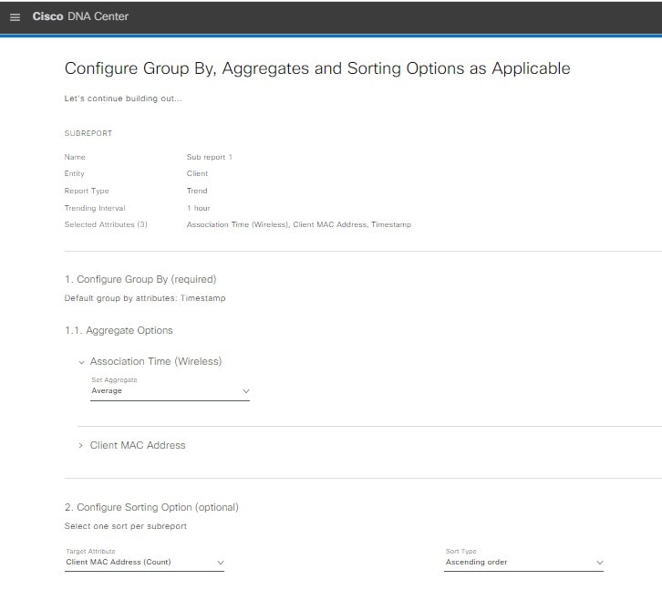 Window displays the Configure Group By, Aggregates and Sorting Options as Applicable page