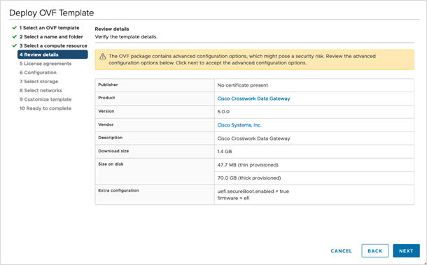 [OVFテンプレートの展開（Deploy OVF Template）] - [詳細の確認（Review details）] ウィンドウ