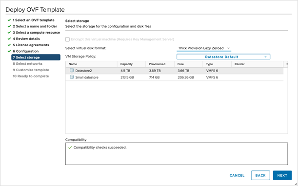 [OVFテンプレートの展開（Deploy OVF Template）] - [ストレージの選択（Select storage）] ウィンドウ