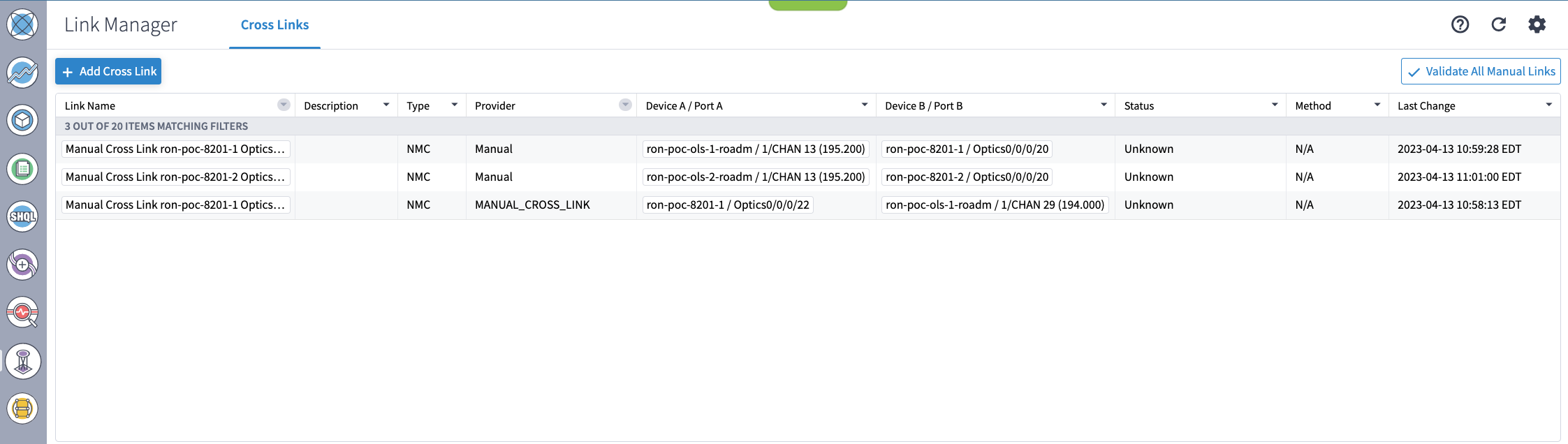 Initial view with list of Cross Links