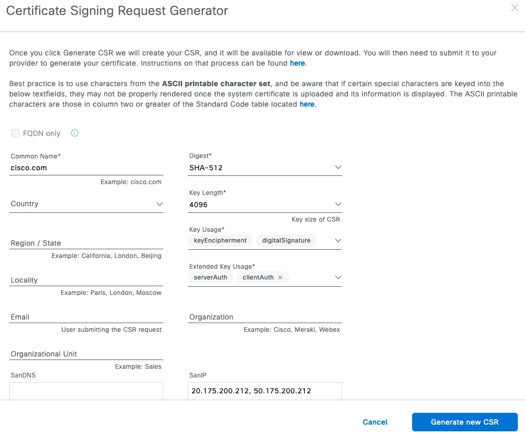 [Certificate Signing Request Generator] ページで、必須フィールドに入力します。