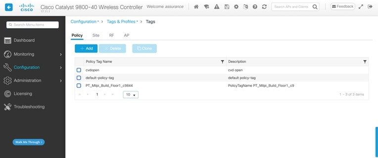 Policy Tags created by Cisco DNA Center within the Catalyst 9800-40 enterprise WLC