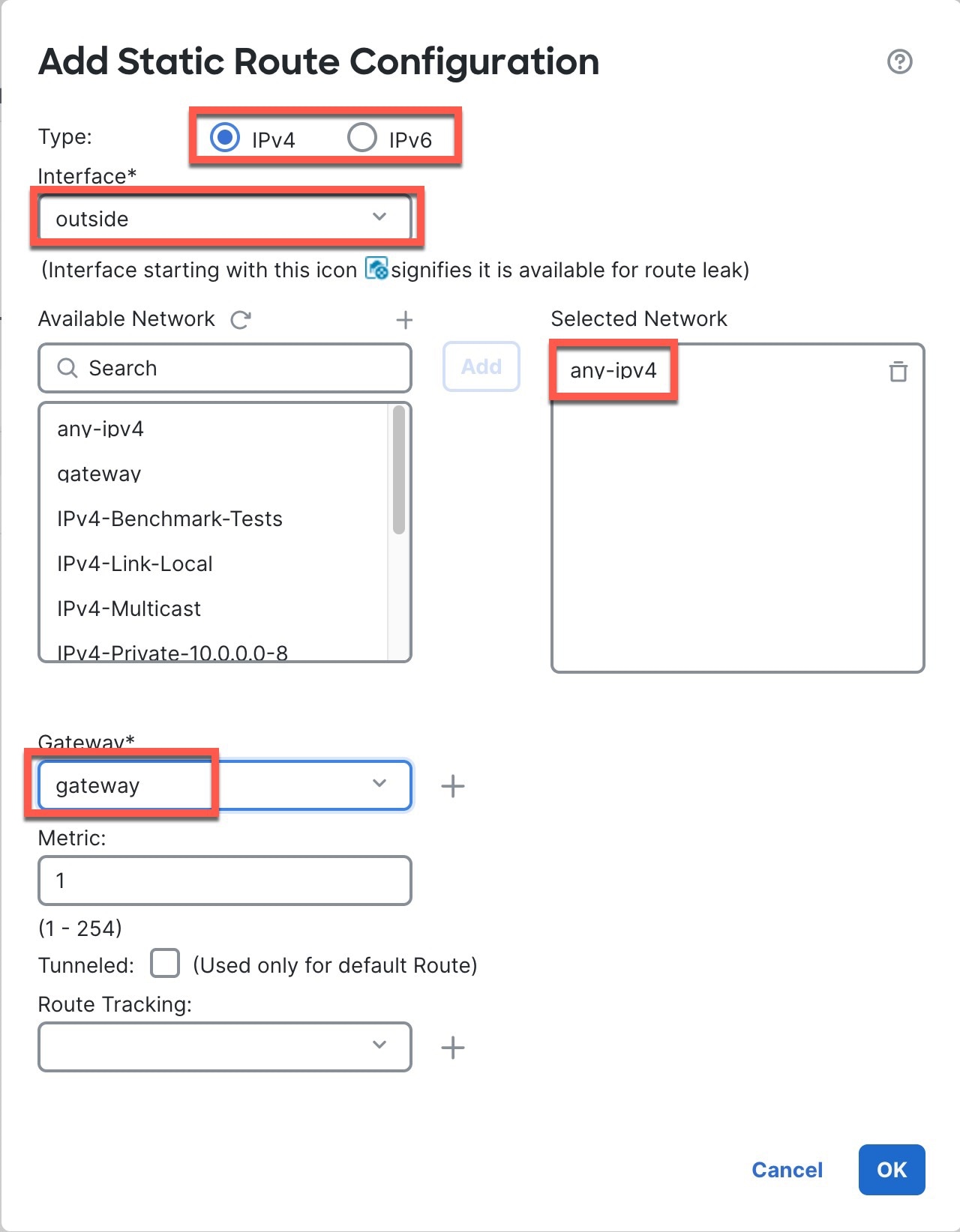 Add Static Route Configuration