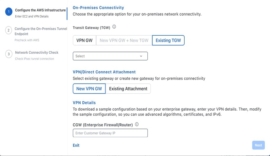 The Add a VA Pod pane displays fields that must be configured to create a VA pod. Step one is to configure the AWS infrastructure, including choosing the appropriate on-premises connectivity.