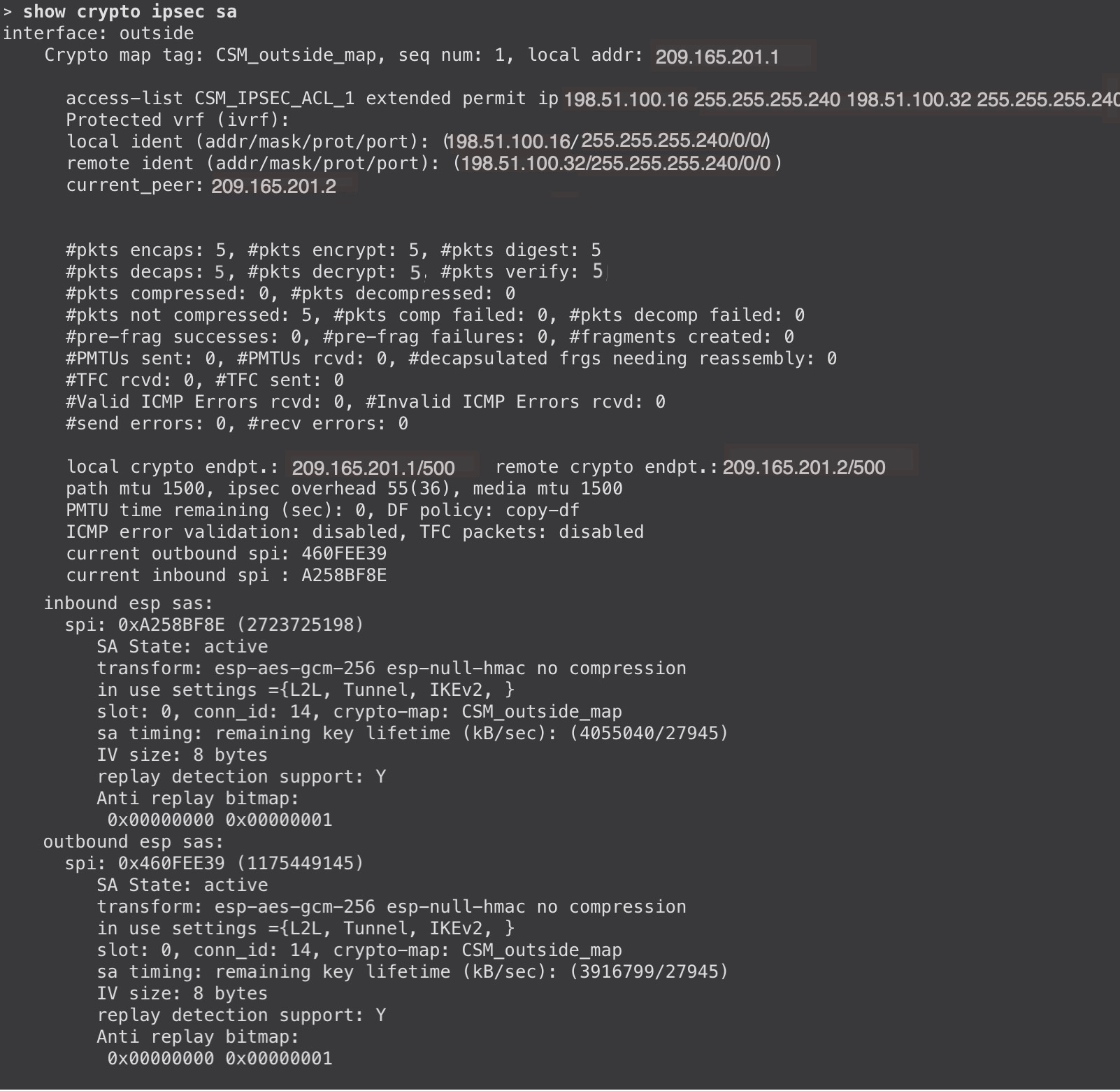 Output of show crypto ipsec sa command for the policy-based VPN