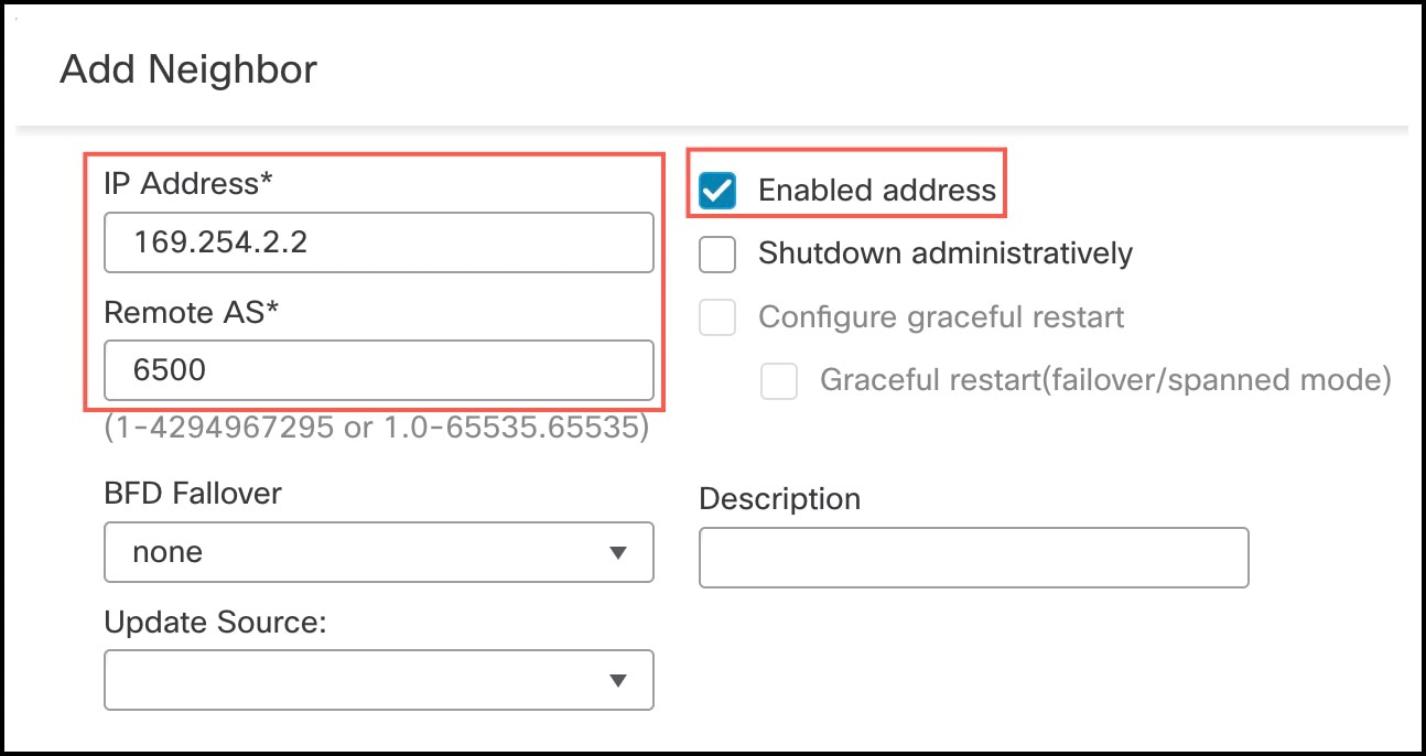 Add Neighbor dialog box for BGP configuration