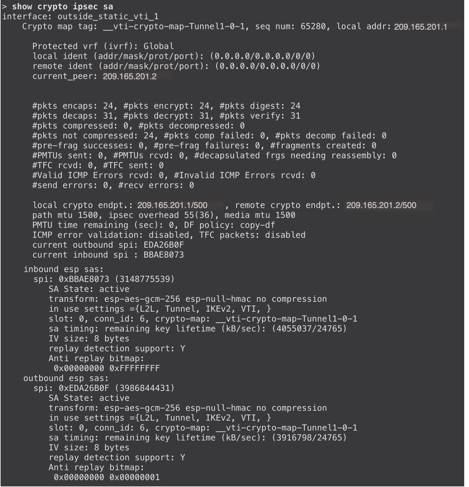 show cryptoipsec sa for route-based VPN