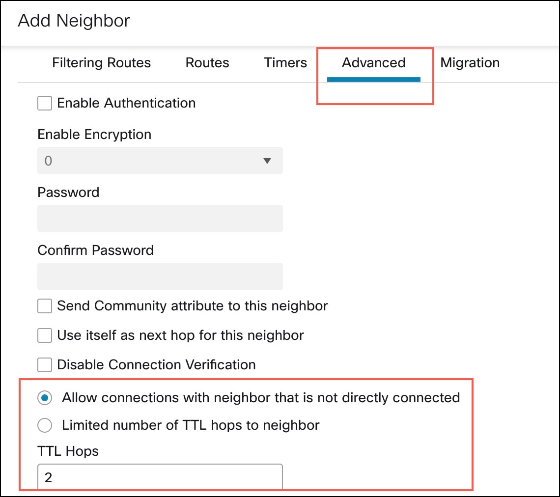 Advanced tab of Add Neighbor dialog box for BGP configuration