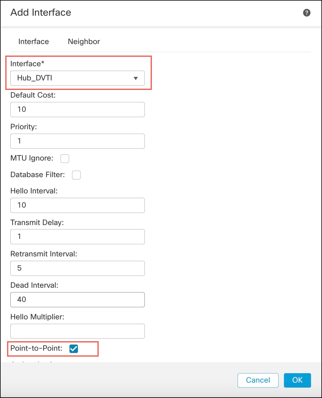 OSPF Add Interface configuration