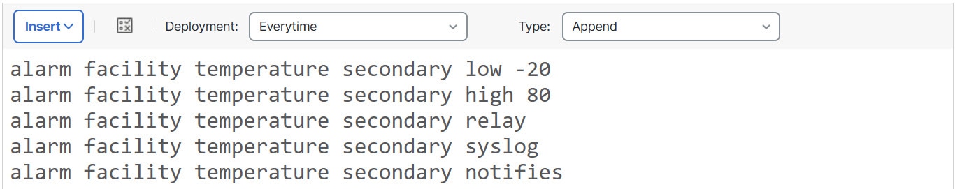 FlexConfig object for configuring temperature alarms on ISA 3000 devices.