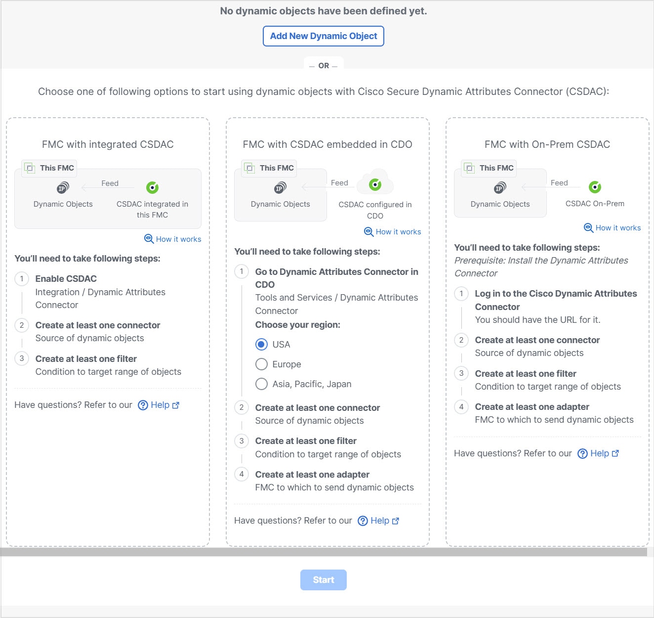 Before you create any dynamic objects, an informational page is dsiplayed that explains the entire process. You can create dynamic objects using the dynamic attributes connector included in the secure firewall manager; you can create dynamic objects using an on-prem secure firewall manager; or you can create dynamic objects using an on-prem secure firewall manager and an on-prem dynamic attributes connector. Click one of the rectangles, then either click How it Works or Start to get started.
