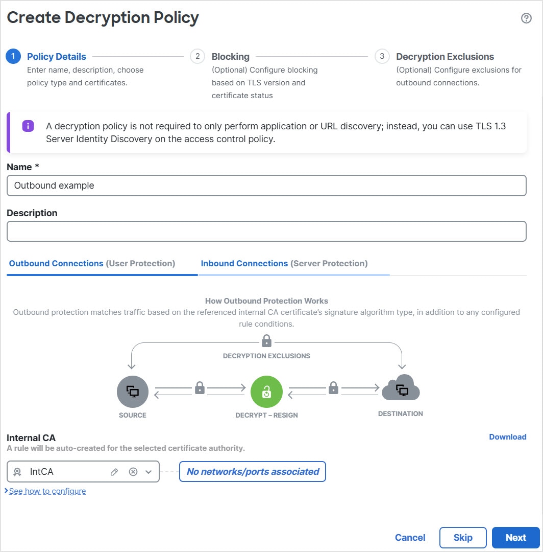 Your decryption policy can cover outbound servers with a Decrypt - Resign rule or inbound servers with a Decrypt - Known Key rule. We create one decryption rule per combination of certificate and networks/ports, if any.