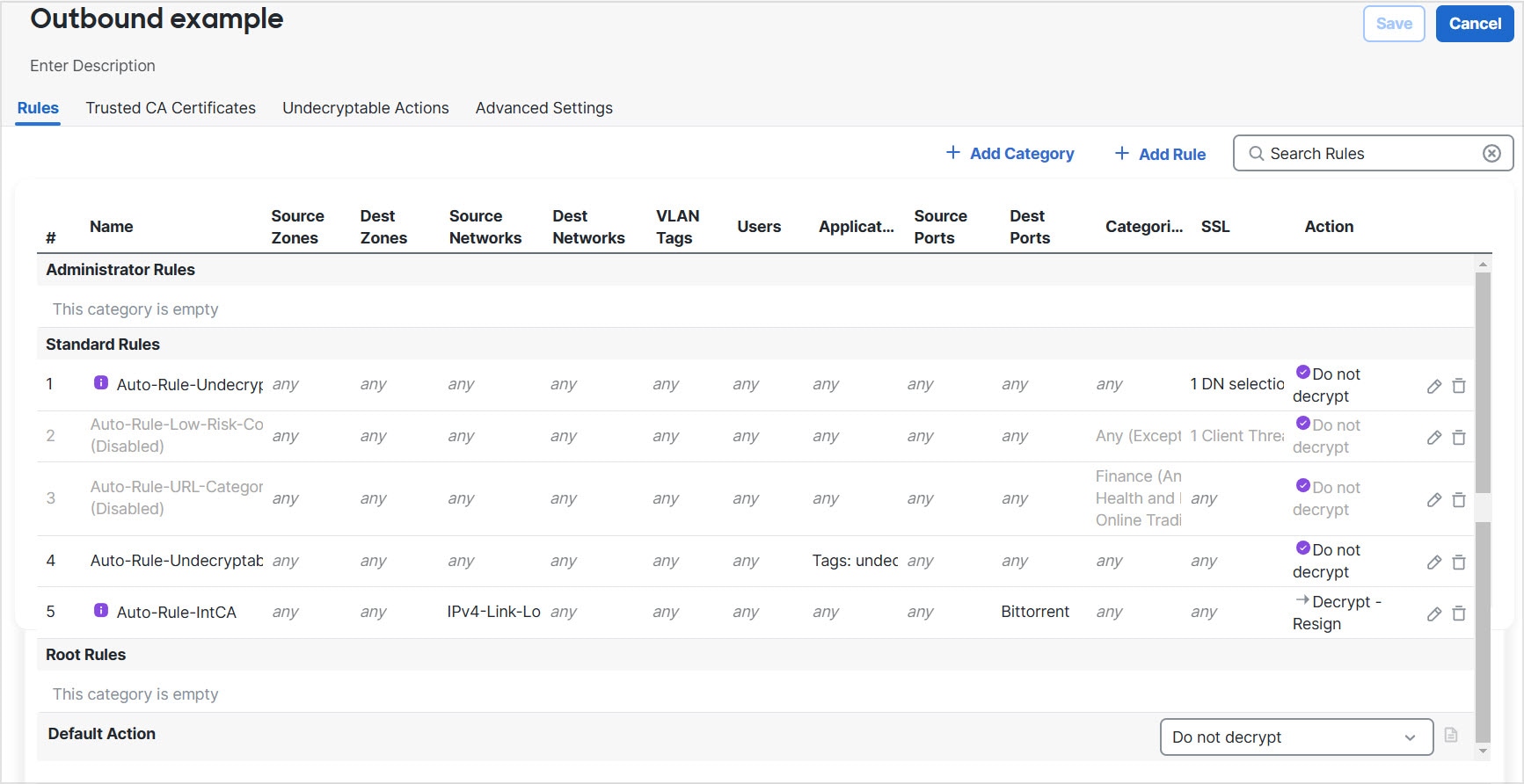 This sample decryption policy has one Decrypt - Resign rule applied to traffic that matches the networks and ports chosen. It decrypts traffic and subsequently re-encrypts it by signing with the internal certificate object you specified. We add Do Not Decrypt rules for traffic you specified to be excluded from decryption.