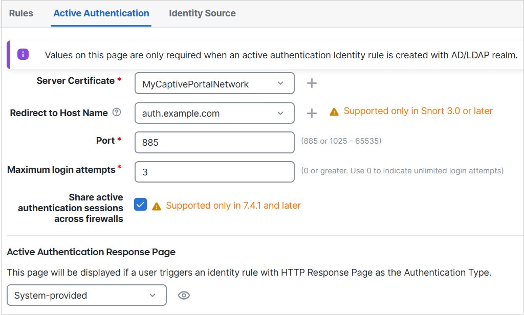 The figure illustrates an identity policy and active authentication rule setup, highlighting key components and their relationships within the system.