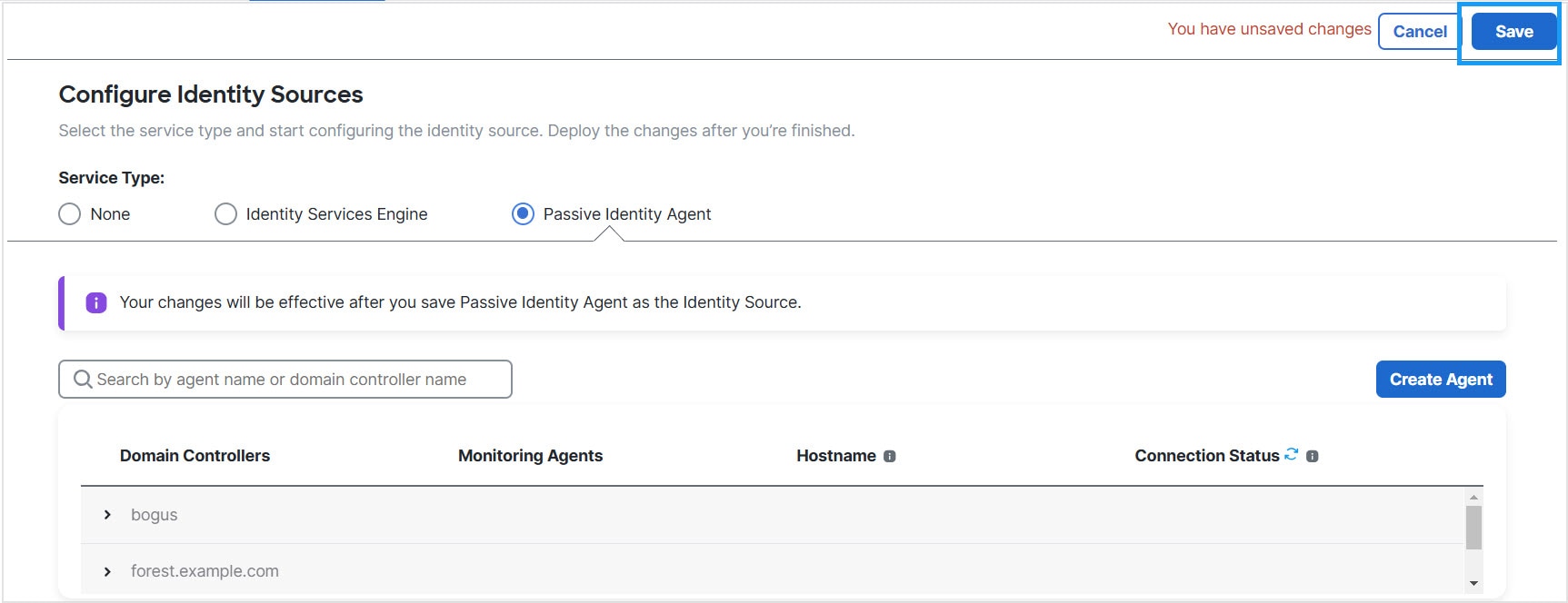 You must click Save at the top of the page to save the identity source configuration