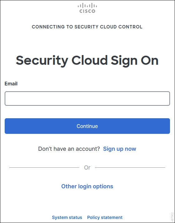 A screen capture of A screen capture of Security Cloud Control sign on page prompting to enter email address. sign on page prompting to enter email address.