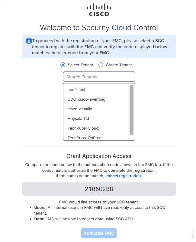 A screen capture of Security Cloud Control page for selecting the Security Cloud Control tenant to which the management center can be associated.