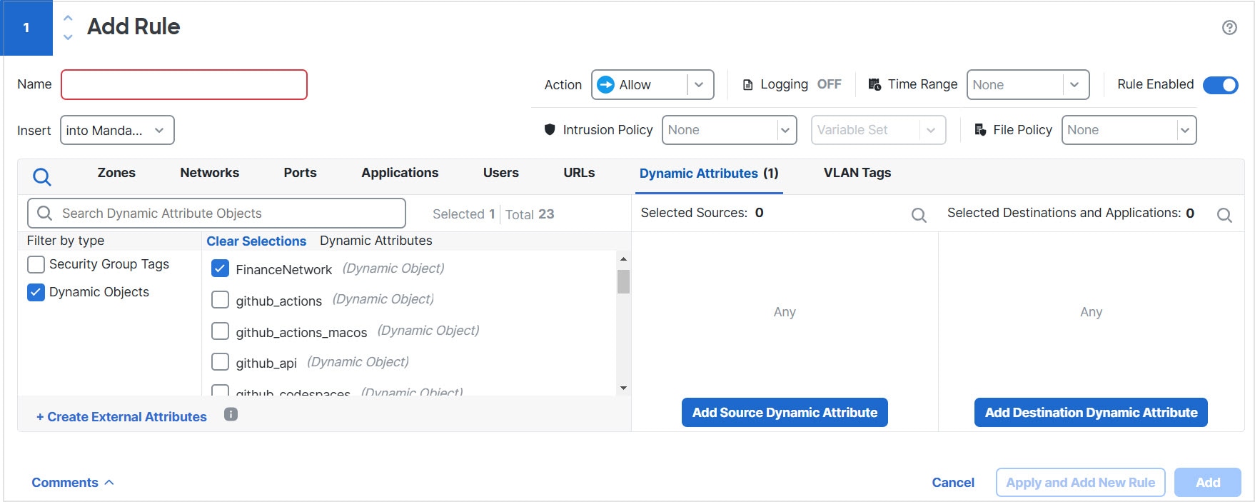 Configure Dynamic Attributes created using the dynamic attributes connector as dynamic objects in access control rules. Use those exactly as you would network objects.