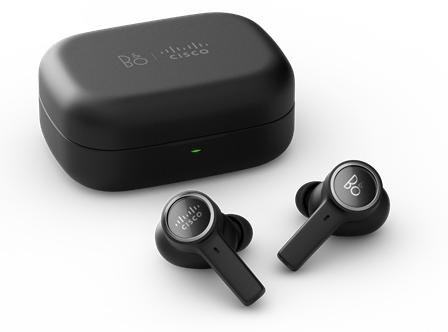 A pair of black earbuds and a caseDescription automatically generated