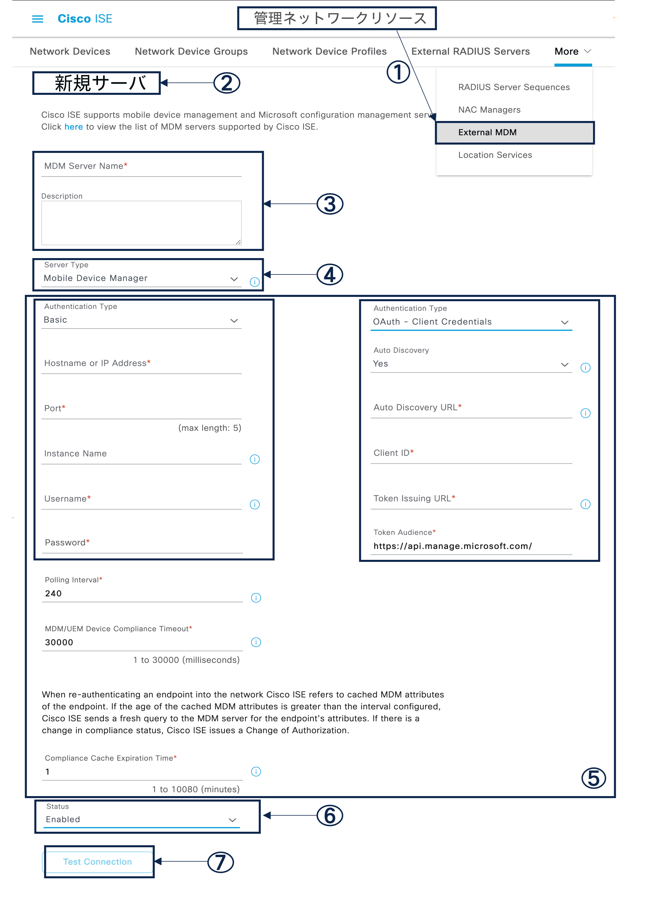 MDM サーバーを Cisco ISE と統合するために Cisco ISE で設定する必要があるさまざまなフィールド。