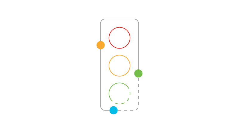 A white outline of a traffic light surrounded by multiple clouds.