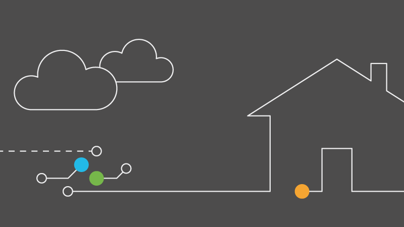 Line art with outlines of clouds next to a house and connected circles over a dark grey background.