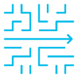 Ícone de seta atravessando diretamente o labirinto, representando a simplificação