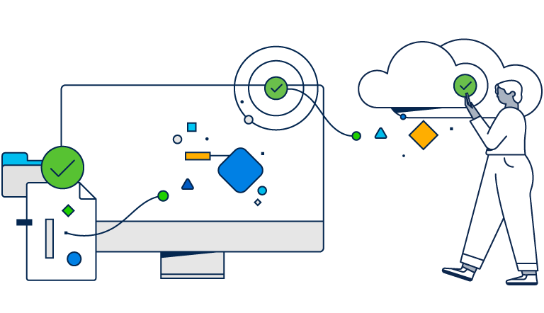 Illustration showing cybersecurity with a path from desktop to cloud