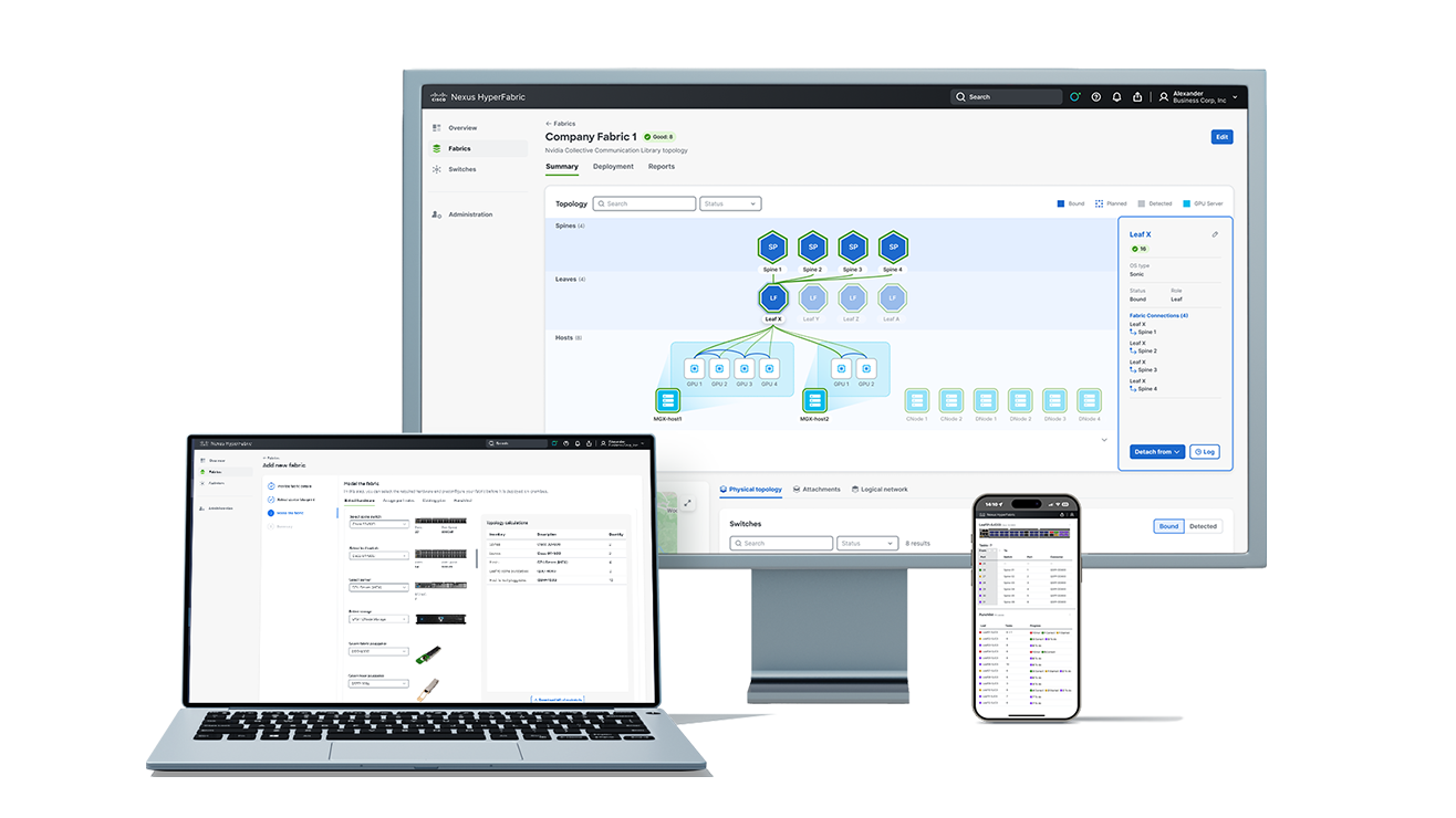 Three devices – monitor, laptop and phone - displaying network fabrics on Nexus Hyperfabric 