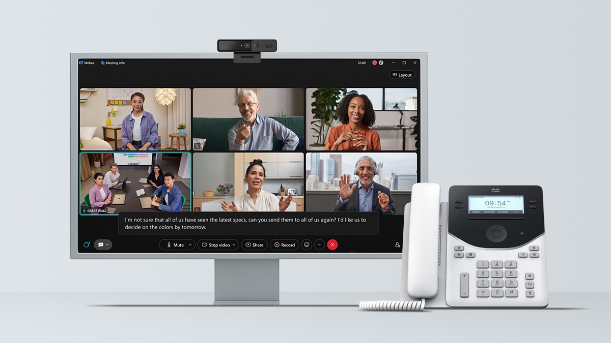 Cisco Collaboration Products: Computer monitor with Cisco Desk Camera 4K showing a screen with a WebEx call, Cisco Desktop Phone 9800 Series